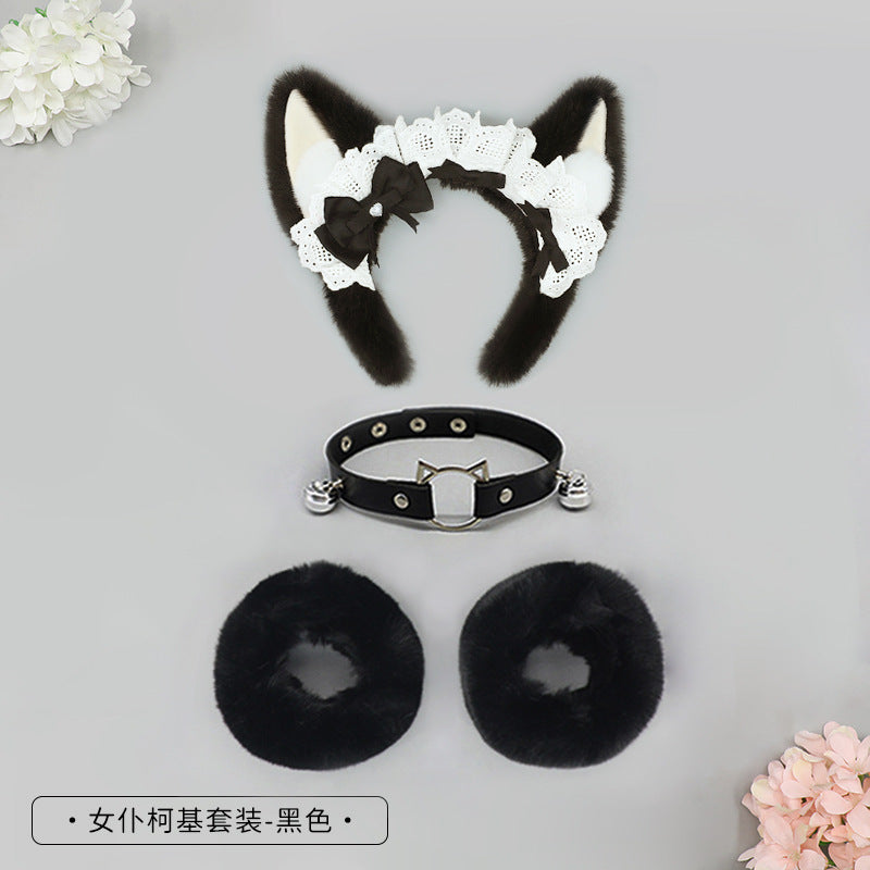 Plush Lolita Headband Lace Bow Hair Accessory Realistic Animal Ears Maid Corgi Hair Ornament Japanese KC Headband