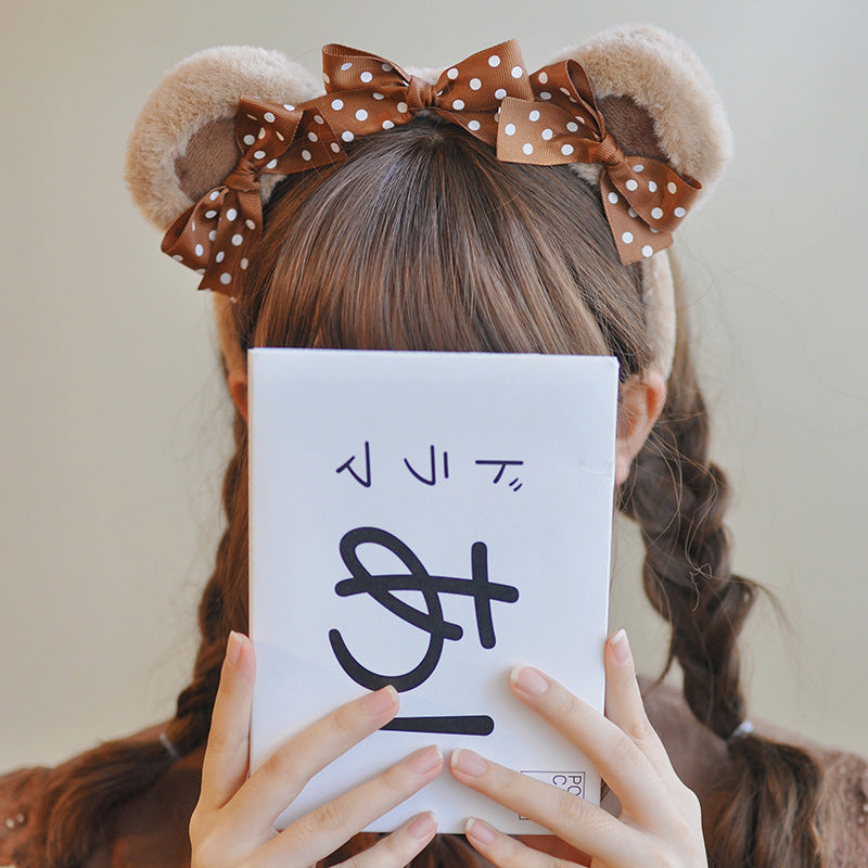 Original Handmade Bear Ear Bowknot Plush Headband Lolita Brown Japanese Korean Style - Lolita Fetch