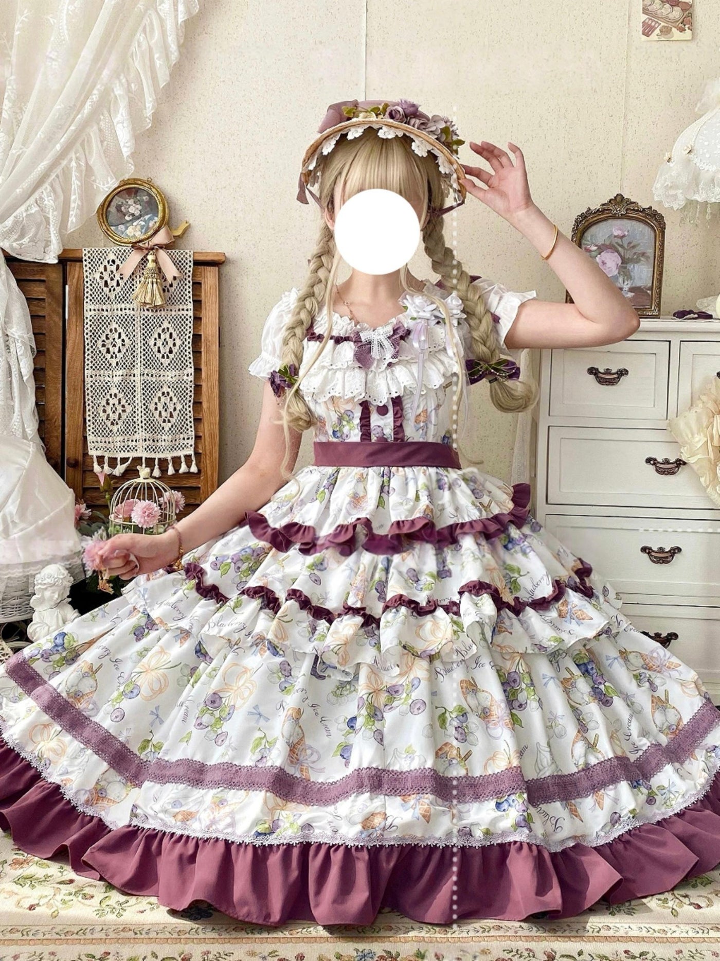 Qianmu - Blueberry Midsummer - Country Lolita Tiered JSK, Blueberry Print