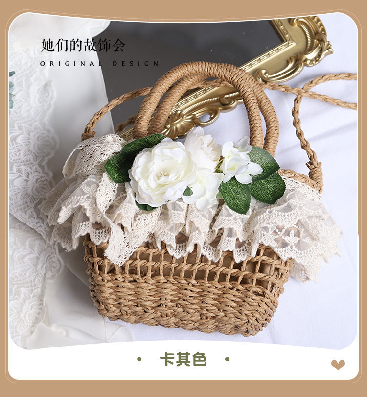 Handbag Paper Straw Woven Original Handmade Lace Flower Lolita Soft Girl Pastoral Style 2022 New Beach Bag - Lolita Fetch