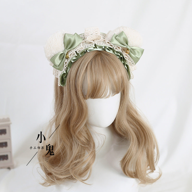 Handmade Lolita Bear Ear Bow Lace Headband, a cute hair accessory with bear ears and lace details from LolitaFetch.