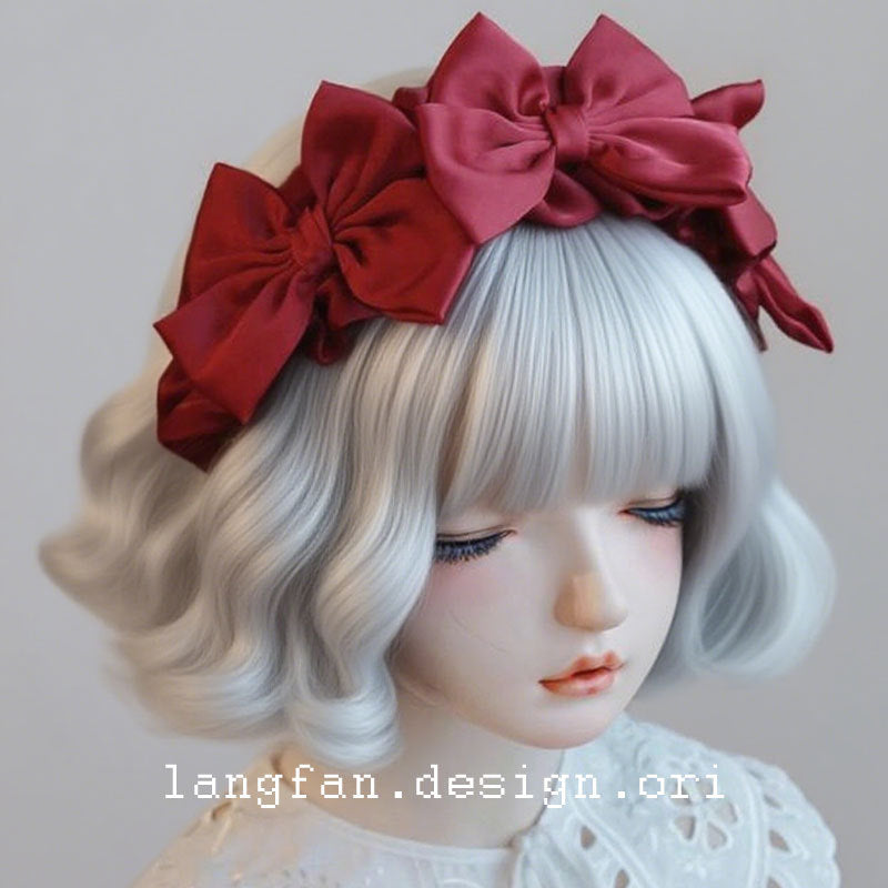 Original Handmade Red Wine Red Bow Hairband Headband Japanese Korean Lolita Ruffled Frill
