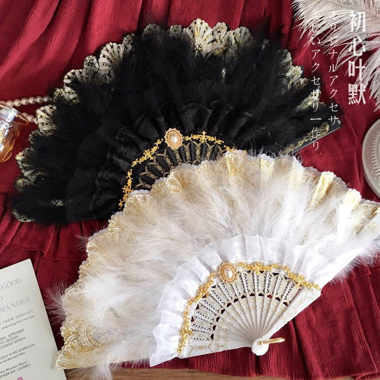 Lolita Retro Black White Lace Lolita Embossed Wedding Folding Fan Tea Party Feather Fan - Lolita Fetch