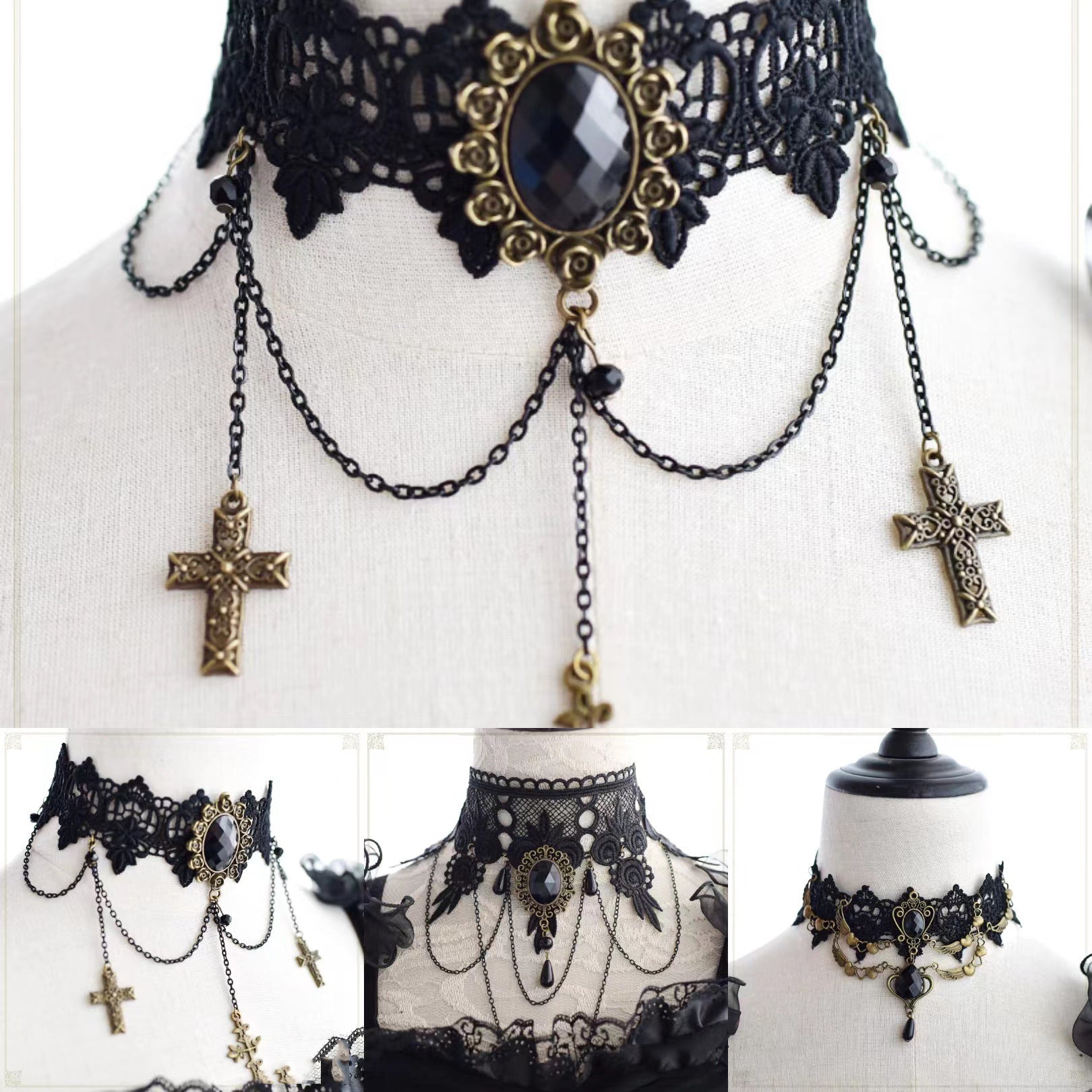 Gothic Dark Lolita Lace Necklace Y2K Harajuku Subculture Black Cross Choker