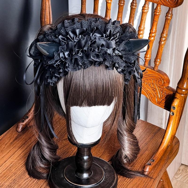 MAID - Devil Horn - Gothic Lolita Lace Hairband with Horns and Rose Accents - product detail 4