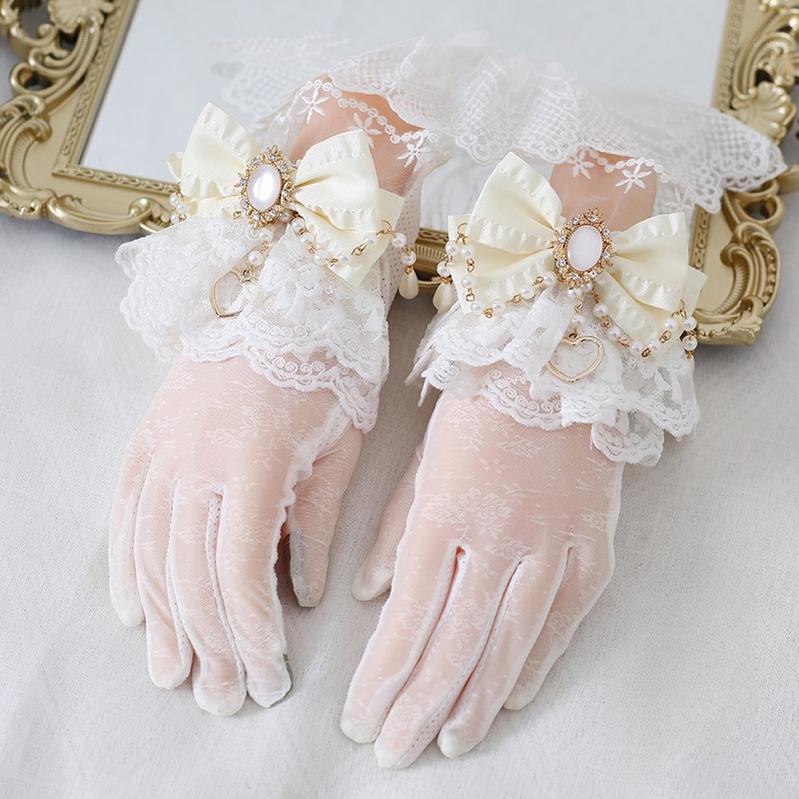 Xiaogui - Vintage Lolita Gloves Lace Bow Bead - Chain Sunscreen Gloves Hand Accessory