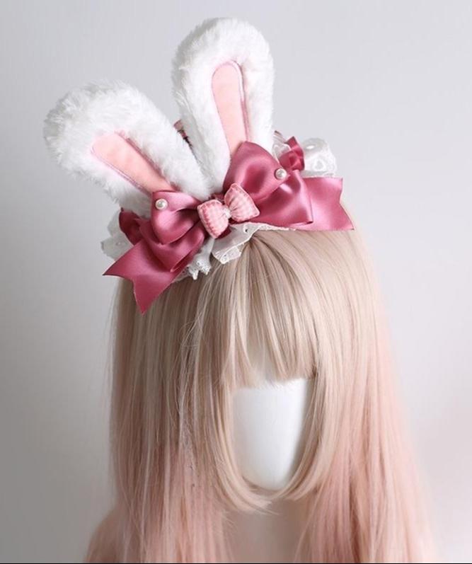 Xiaogui - Sweet Lolita Headdress Pink White - Bunny Ear Hair Accessory Headwear
