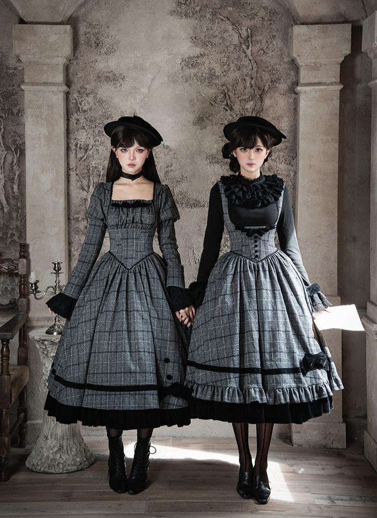 With PUJI - Yesterday's Epistle - Winter Classic Lolita Plaid Dress Set, Fishbone Waist