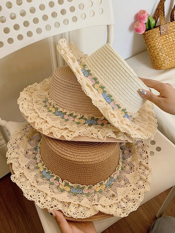 French Lolita Lace Trim Straw Hat for Women Summer Wide Brim Flat Top Sun Hat Beach Sunshade