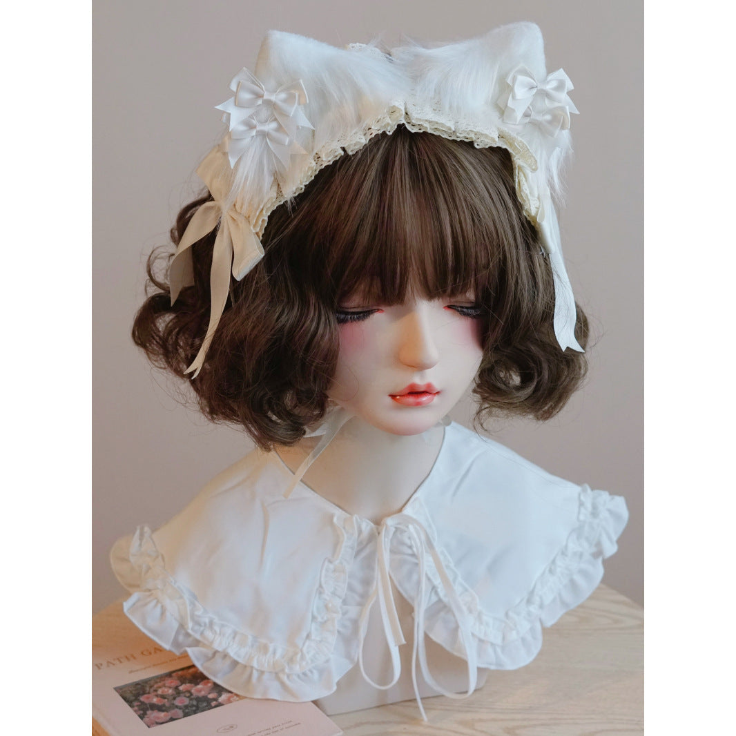 Original Handmade White Cat Ear Bow Hairband with Ruffled Edge Japanese Korean Lolita Style