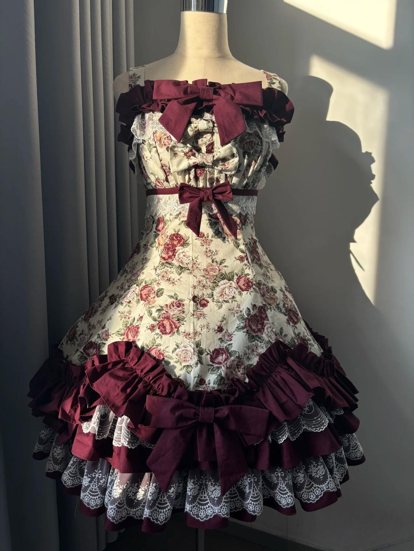 Burgundy Rose - Floral Printed Old School Lolita JSK, Elegant Cape JSK Only S