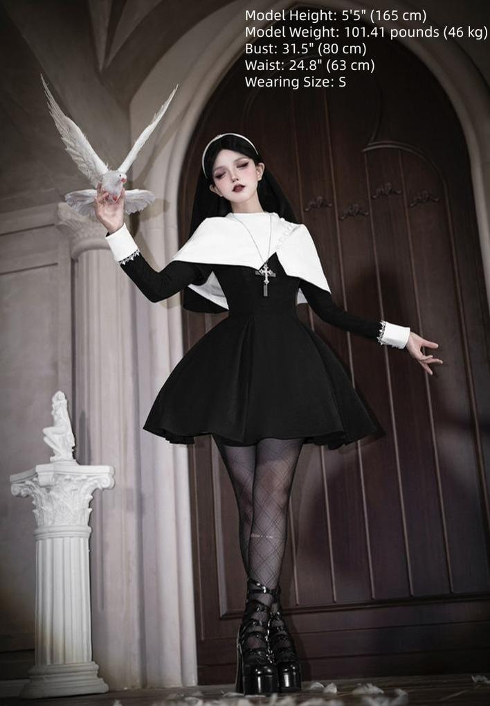 With PUJI - Nihil - Gothic Nun Lolita OP Dress, Irregular Hem Cape