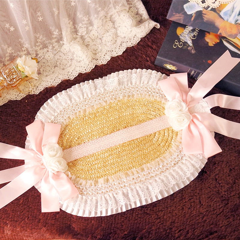 Fanmao Lolita French Flat Bonnet - Multi-color Pastoral Style Women's Summer Straw Hat