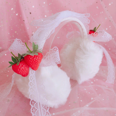 Christmas Warm Winter Lolita Plush Ear Muffs Strawberry Cat Ear Cute Ear Muffs Beautiful Lace Ear Covers - Lolita Fetch
