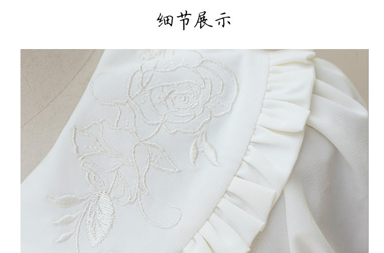 Sweet Elegant White Short - Sleeve Shirt - Embroidered Doll Collar + Lace Puff Sleeves
