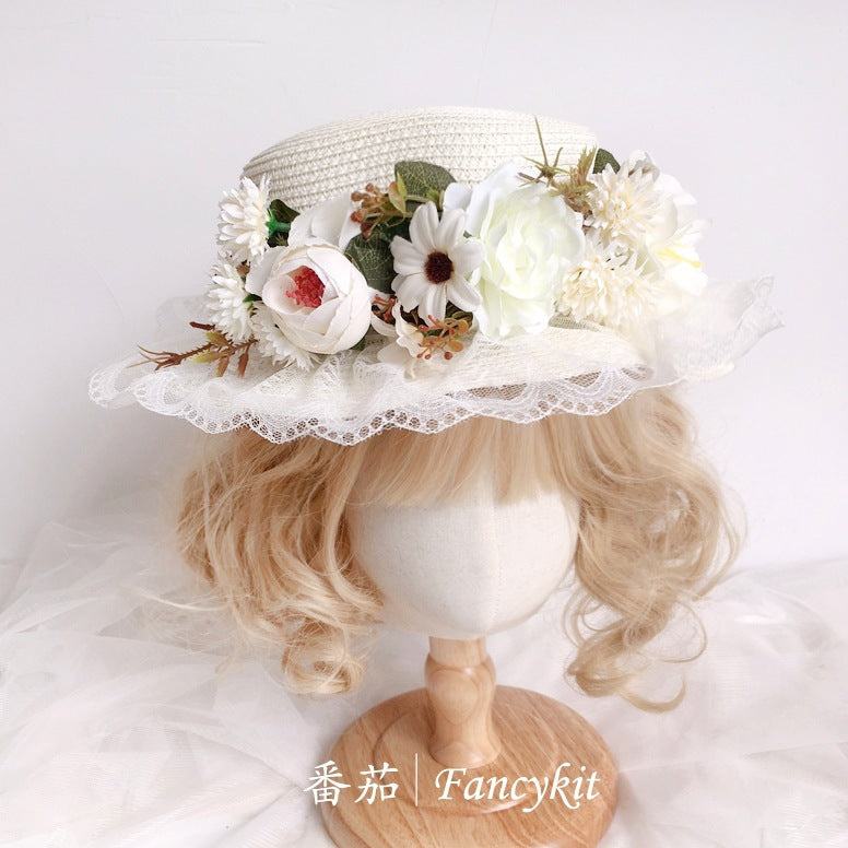 Handmade Lolita Retro Artificial Flower Straw Hat Bonnet French Pastoral Hat Photo Hat Sun Hat