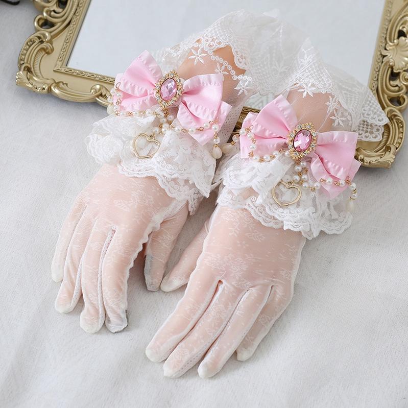 Xiaogui - Vintage Lolita Gloves Lace Bow Bead - Chain Sunscreen Gloves Hand Accessory