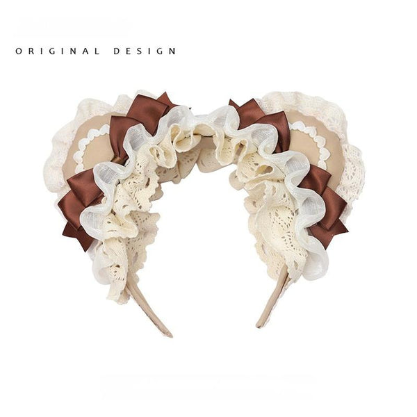 Bear-ear Lolita head accessories with lace, ruffles, bows, and chocolate accents