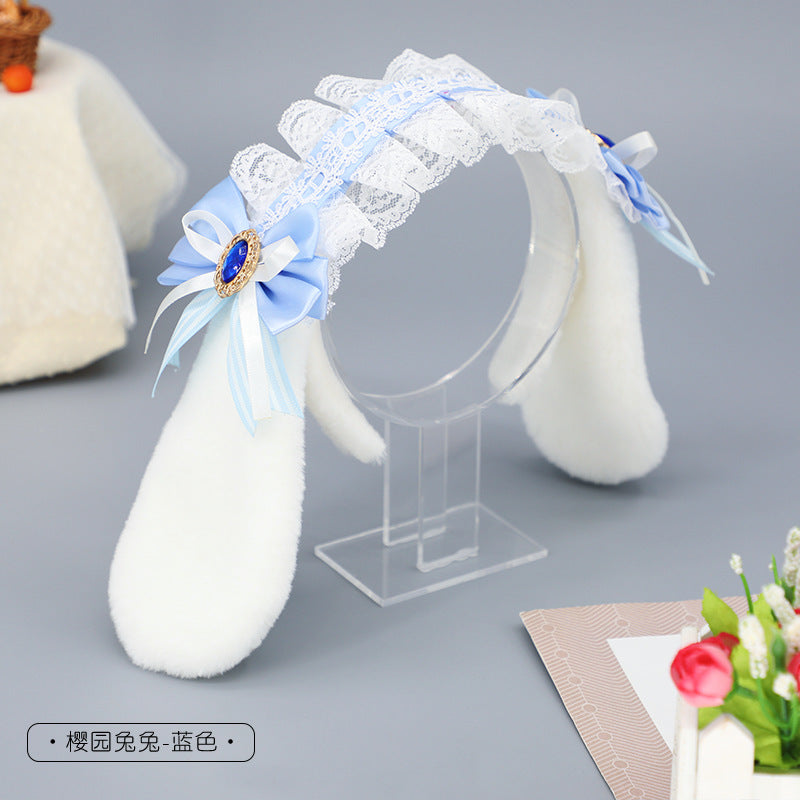 Handmade Plush Hair Accessories Bow Lace Ribbon Hair Ornament Cosplay Party Animal Ears Lolita Bunny Ear Headband - Lolita Fetch