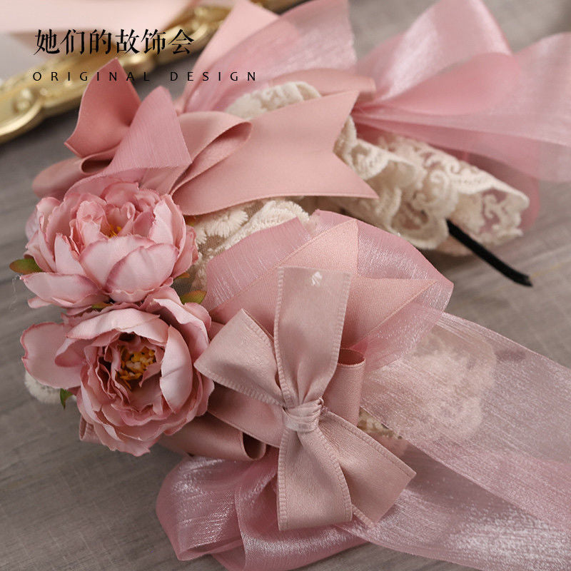 Lolita Hair Accessories Smoke Pink Bow Korean Pink KC Hairpin Hand Sleeve Hair Hoop Twin Rabbit Small Objects Lolita Headwear - Lolita Fetch