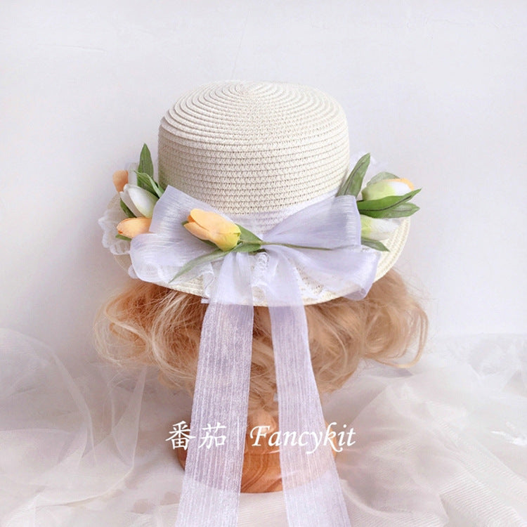 Handmade Yellow Tulip Straw Bag Lolita French Style Straw Hat Sun Hat Fairy Classical Woven Basket