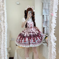 Coffee Rabbit Teddy Bear Cake Printed Lolita JSK Set - S / Beige Pink - JSK + Train + Bear Headband