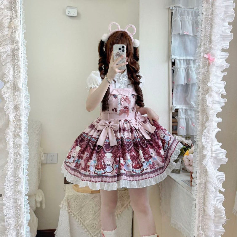 Coffee Rabbit Teddy Bear Cake Printed Lolita JSK Set