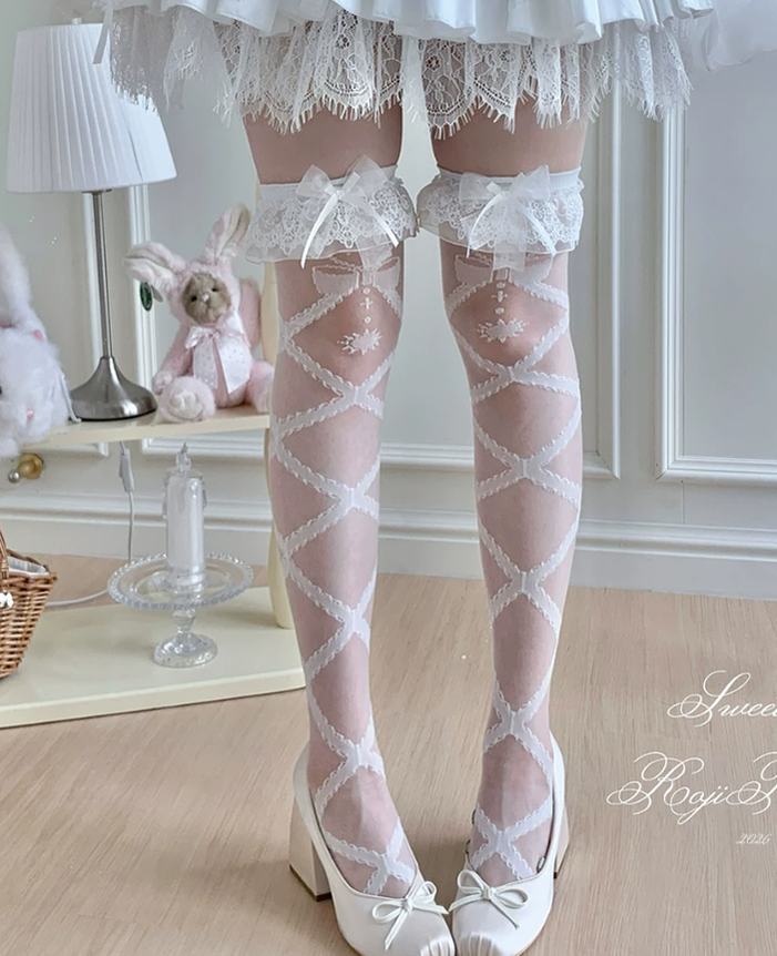 Roji Roji - Lolita Cross Printed Socks with - Layered Lace Trim Cuff Socks