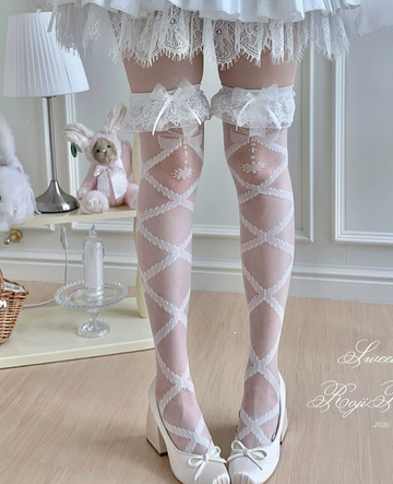 Roji Roji - Lolita Cross Printed Socks with - Layered Lace Trim Cuff Socks