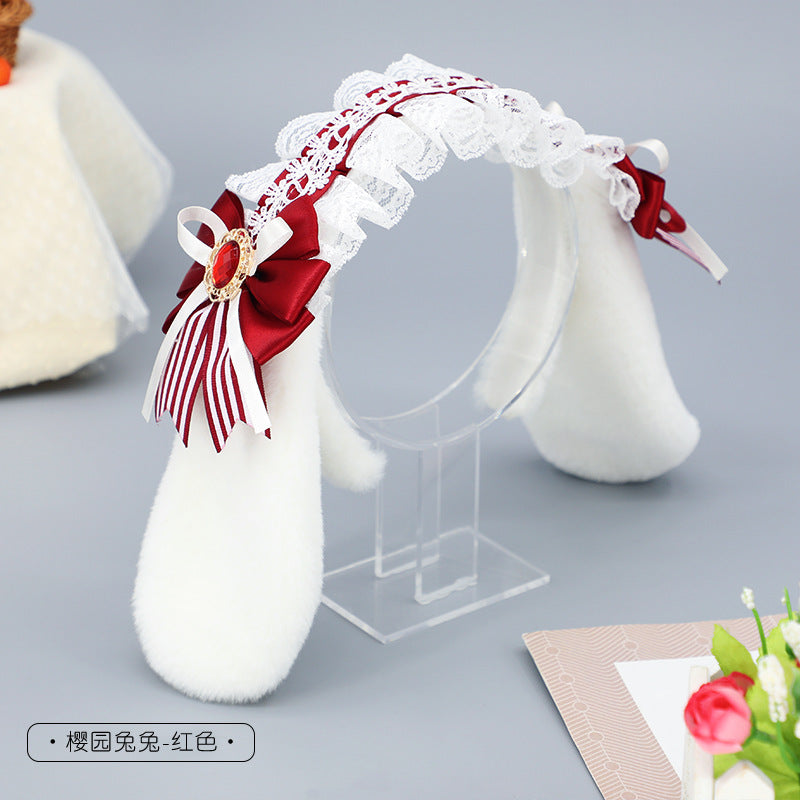 Handmade Plush Hair Accessories Bow Lace Ribbon Hair Ornament Cosplay Party Animal Ears Lolita Bunny Ear Headband - Lolita Fetch