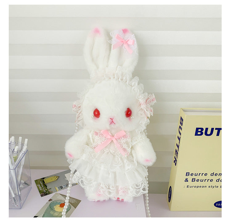 Lop-Eared Bunny Lolita Pearl Chain Doll Bag – 2025 Cute Bow Plush Shoulder Bag