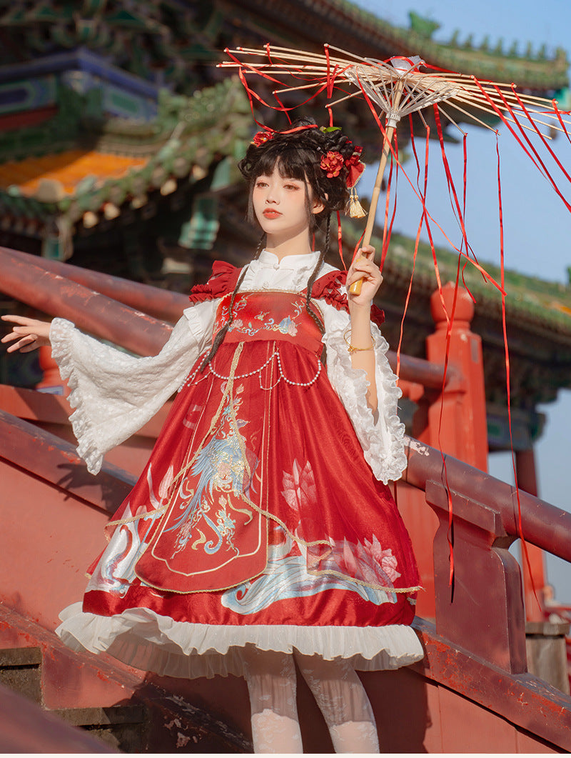 Morning Dew Hanfu - Inspired Lolita JSK | Gold - Woven Phoenix & Detachable Bead Chain