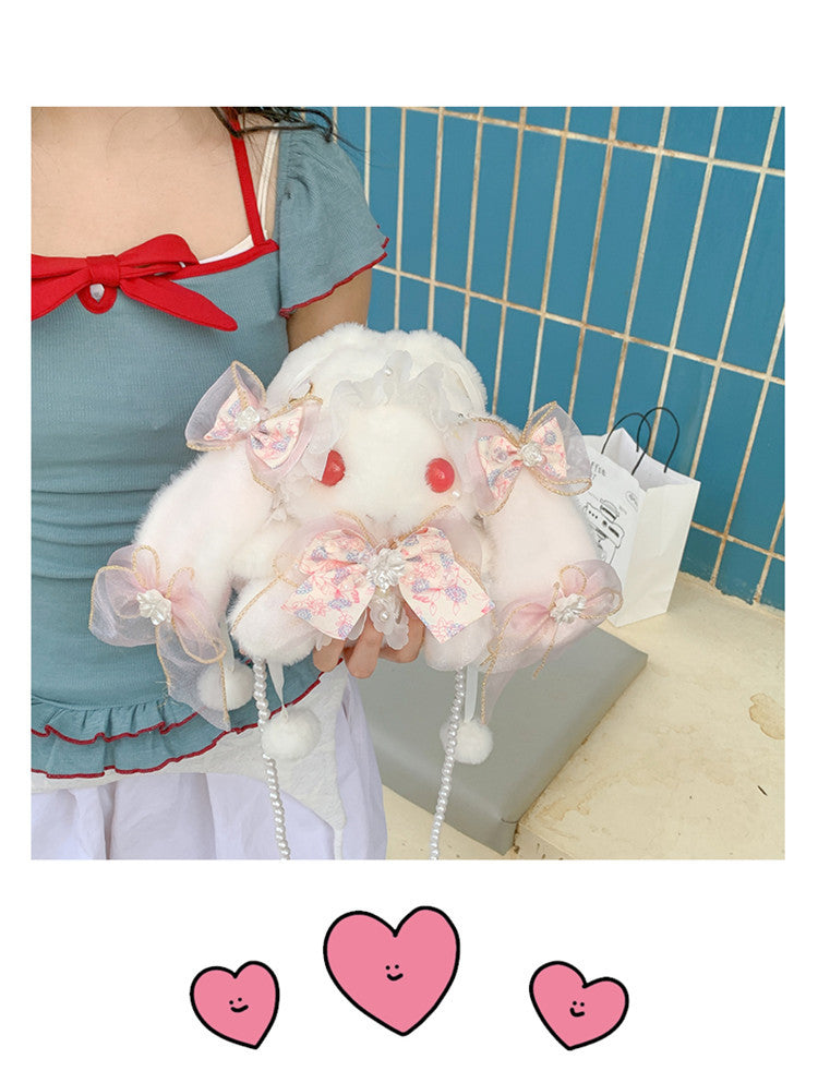 Lop-Eared Bunny Lolita Pearl Chain Doll Bag – 2025 Cute Bow Plush Shoulder Bag