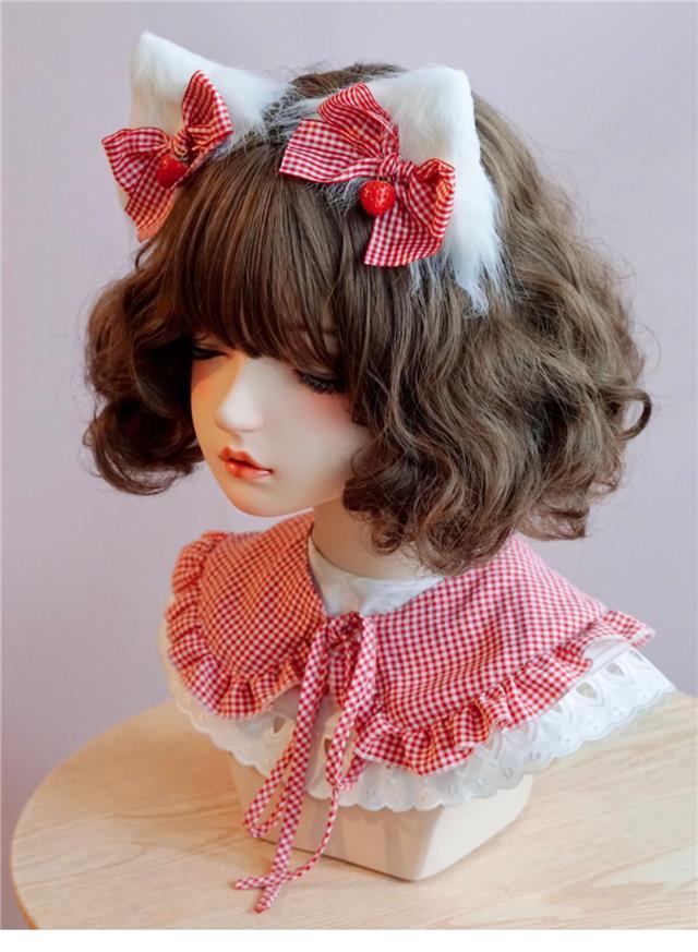 Black and pink handmade faux fur plush cat ear bow hair clip featuring animal ears, perfect for Lolita fashion and Japanese-style headdresses.