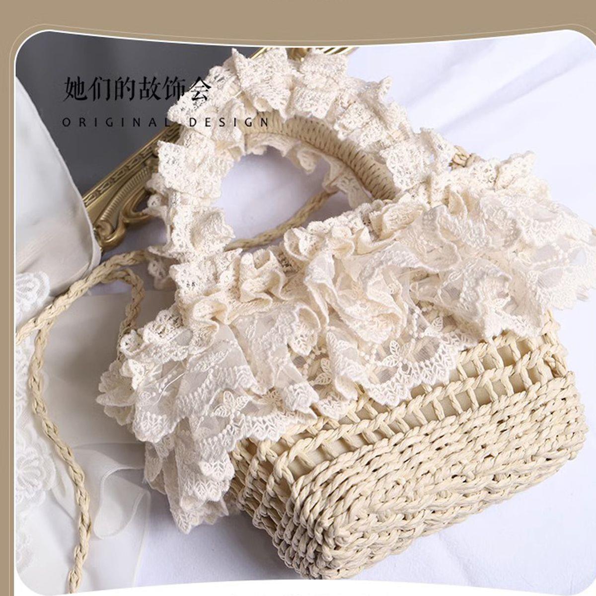 Straw Handbag Original Handmade Lolita French Pastoral Style Lace Edge Soft Girl Mori Beach Woven Bag for Women