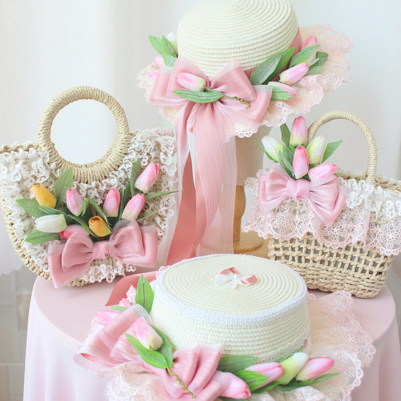 Original Handmade Pink Tulip Lolita Small Sun Hat Straw Hat Oil Painting Style Travel Photography Woven Bag Basket - Lolita Fetch