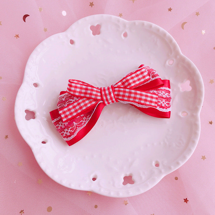 Strawberry Sweet Lolita Plaid Bow Hair Clip Hair Accessory Mori Style Strawberry Side Clip Japanese Soft Girl Cute Girl