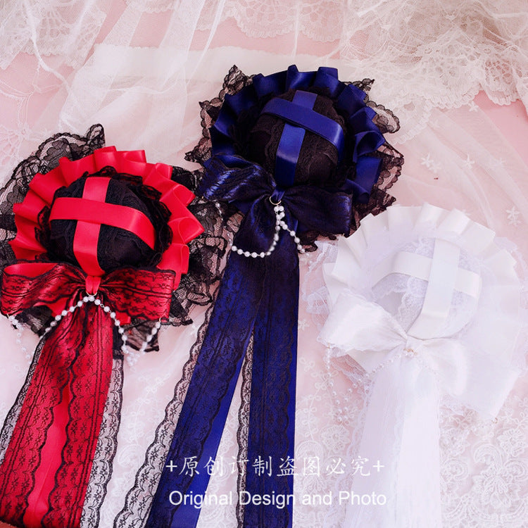 European Classical Dark Style Lace Pearl Bow Ribbon Party Hat Lolita T
