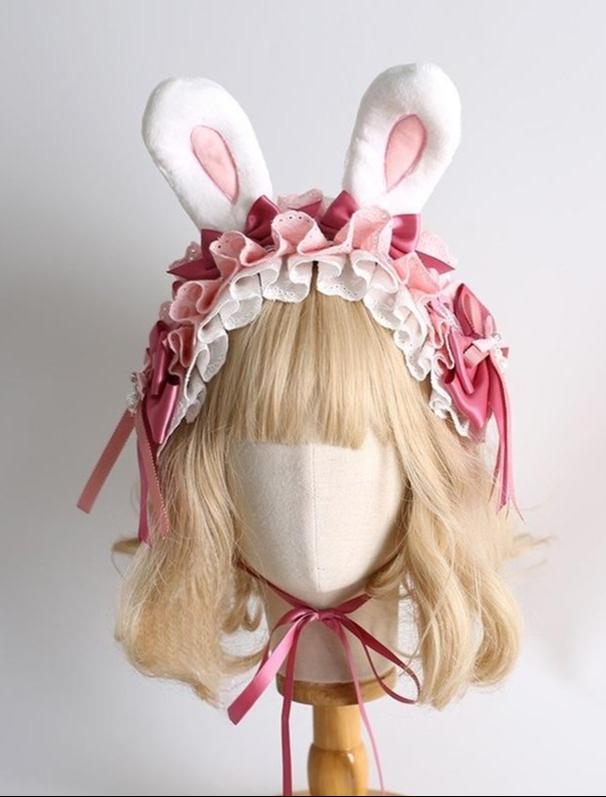 Xiaogui - Sweet Lolita Headdress Pink White - Bunny Ear Hair Accessory Headwear