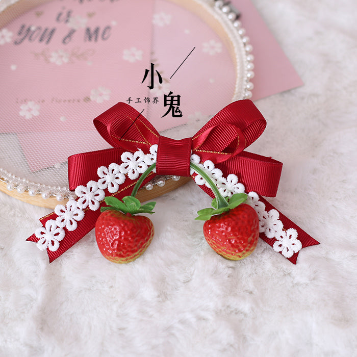 Strawberry Sweet Lolita plaid bow hair clip by LolitaFetch, Mori style Japanese soft girl accessory with cute side clip for hair.