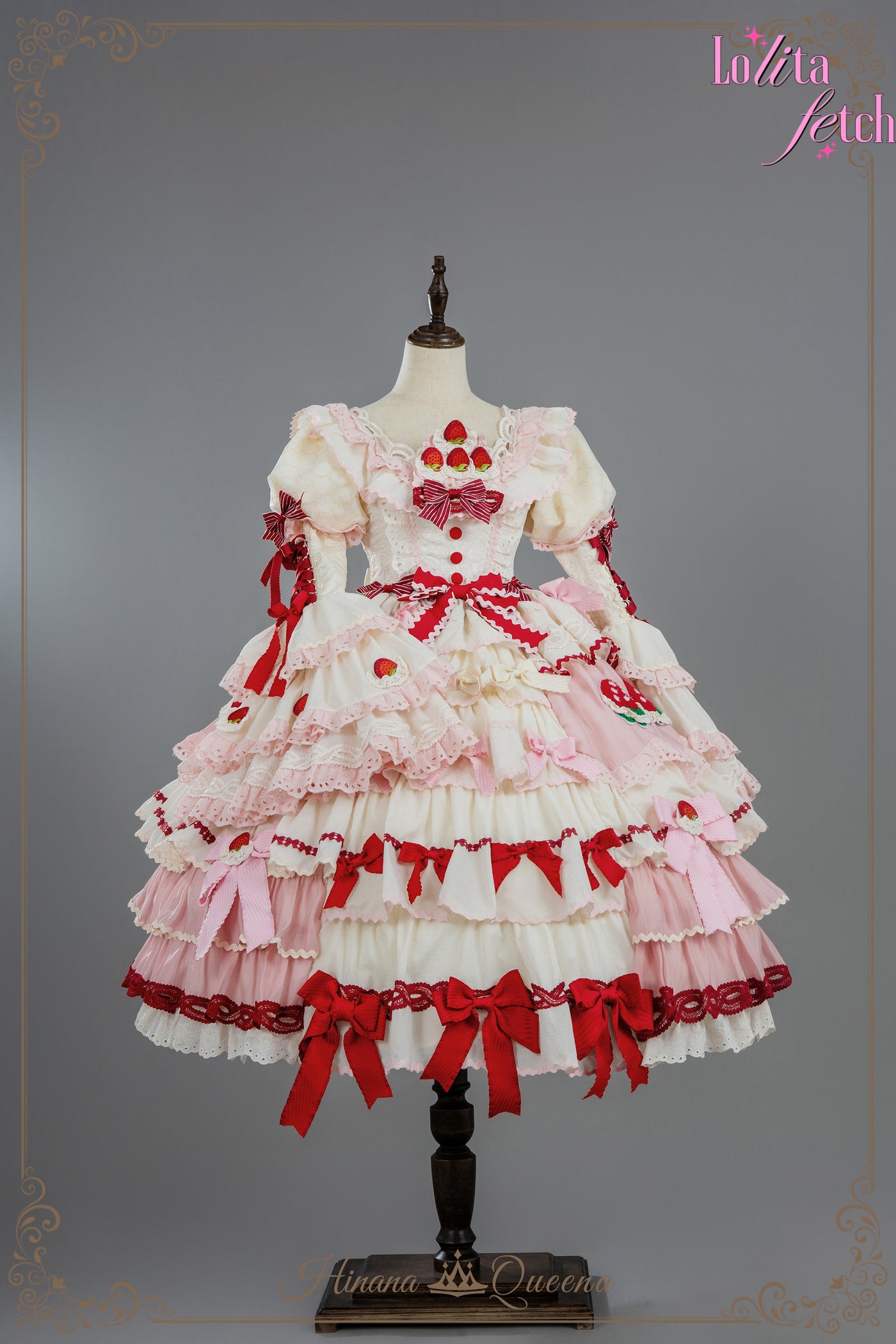 Gorgeous Strawberry Party Lolita dress by Lolita Fetch featuring a detailed JSK and OP with vibrant strawberry print and lace accents.