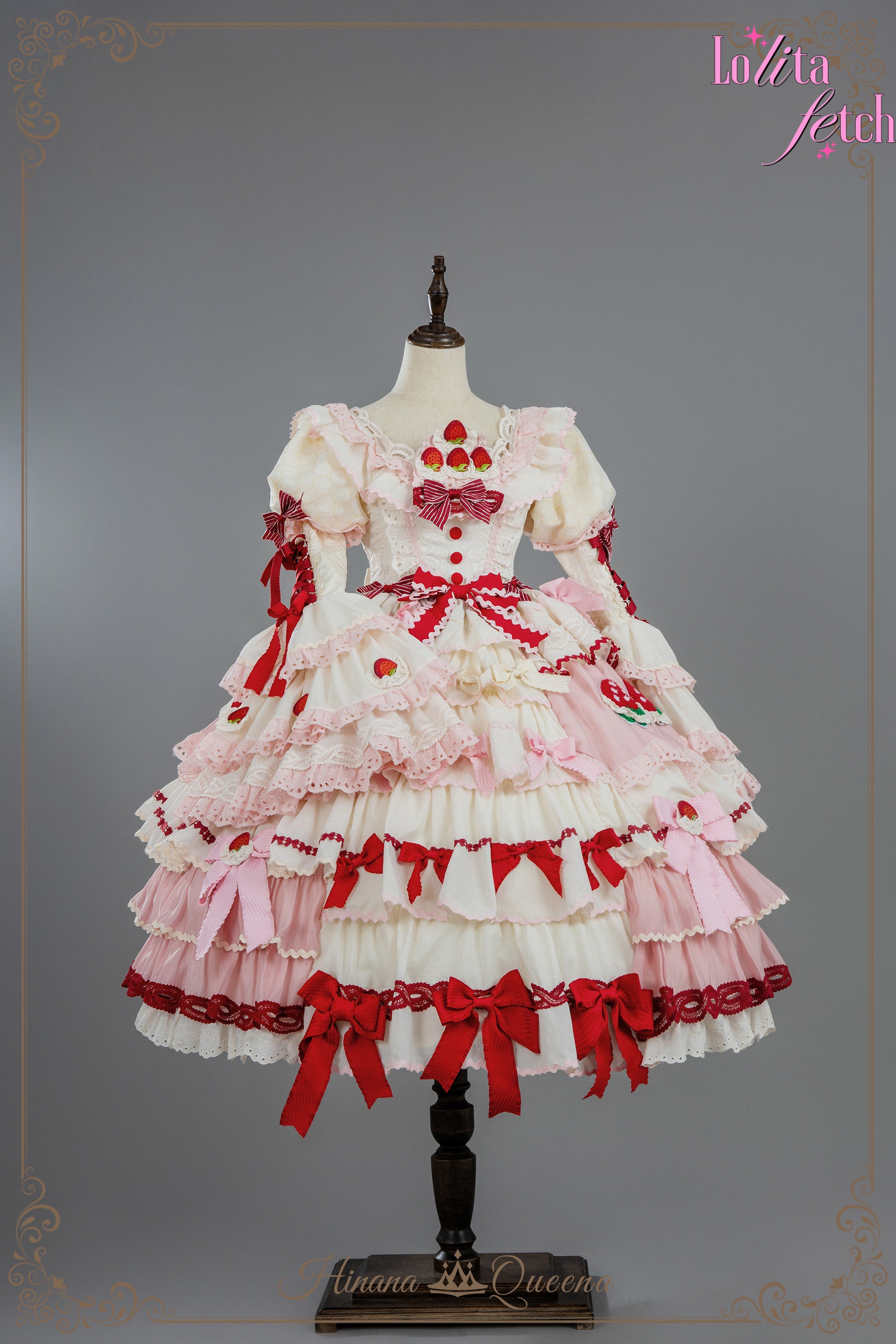 Gorgeous Strawberry Party Lolita dress by Lolita Fetch featuring a detailed JSK and OP with vibrant strawberry print and lace accents.