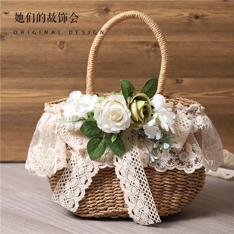 Original Handmade Straw Bag Lolita Lace Artificial Flower Beach Pastoral Soft Girl 2022 New Handbag Tote Bag
