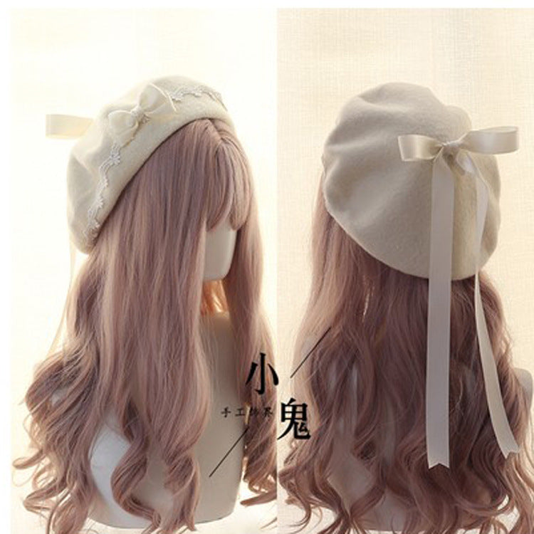 Beret Lolita Sweet Woolen Handmade Lace Bow Beret for Girls