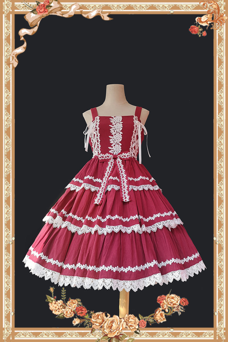 Cake Tree - Classic Lolita JSK Dress Tiered Lace Dress S Red-White JSK