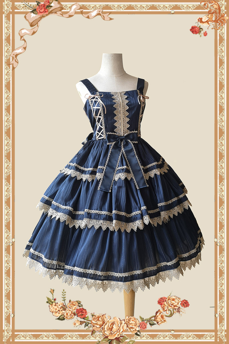 Cake Tree - Classic Lolita JSK Dress Tiered Lace Dress S Navy Blue-Gold JSK