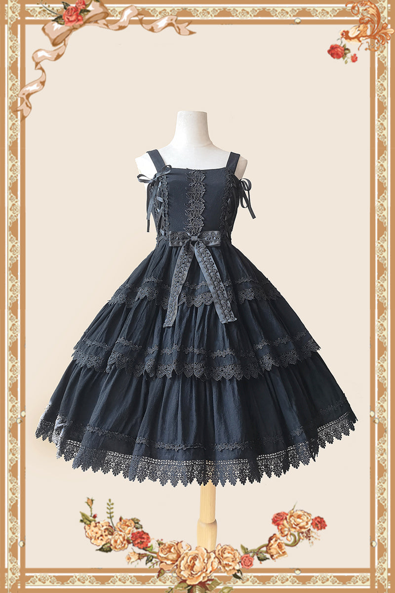 Cake Tree - Classic Lolita JSK Dress Tiered Lace Dress S Black JSK