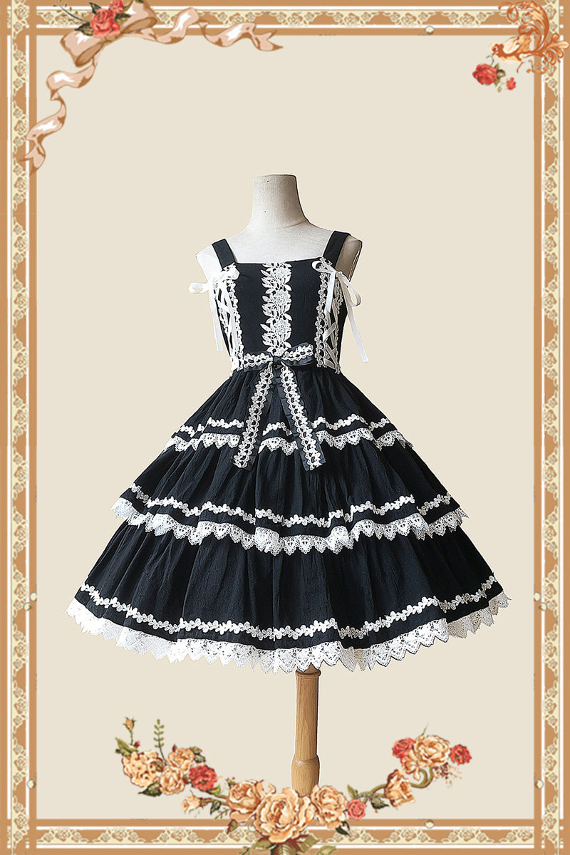 Cake Tree - Classic Lolita JSK Dress Tiered Lace Dress S Black-White JSK