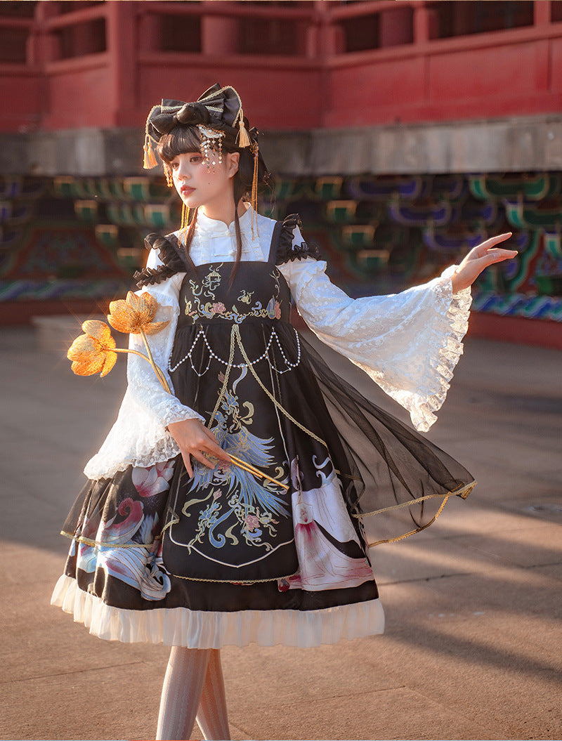 Morning Dew Hanfu - Inspired Lolita JSK | Gold - Woven Phoenix & Detachable Bead Chain - Lolita Fetch
