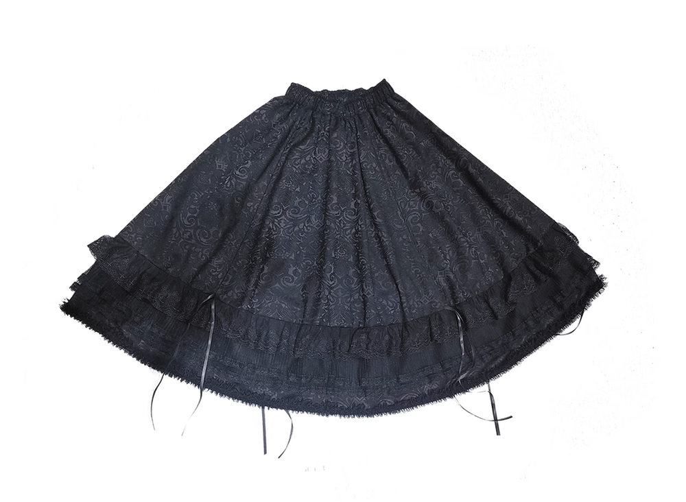 MILU ORIG Herbarium black Gothic Lolita skirt with jacquard pattern and layered ruffle hem